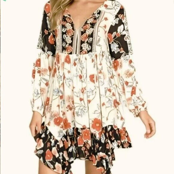 Patrons of Peace Peasant Dress Size L Floral  Boho Flowy Flounce Hem Red Black - Picture 3 of 14